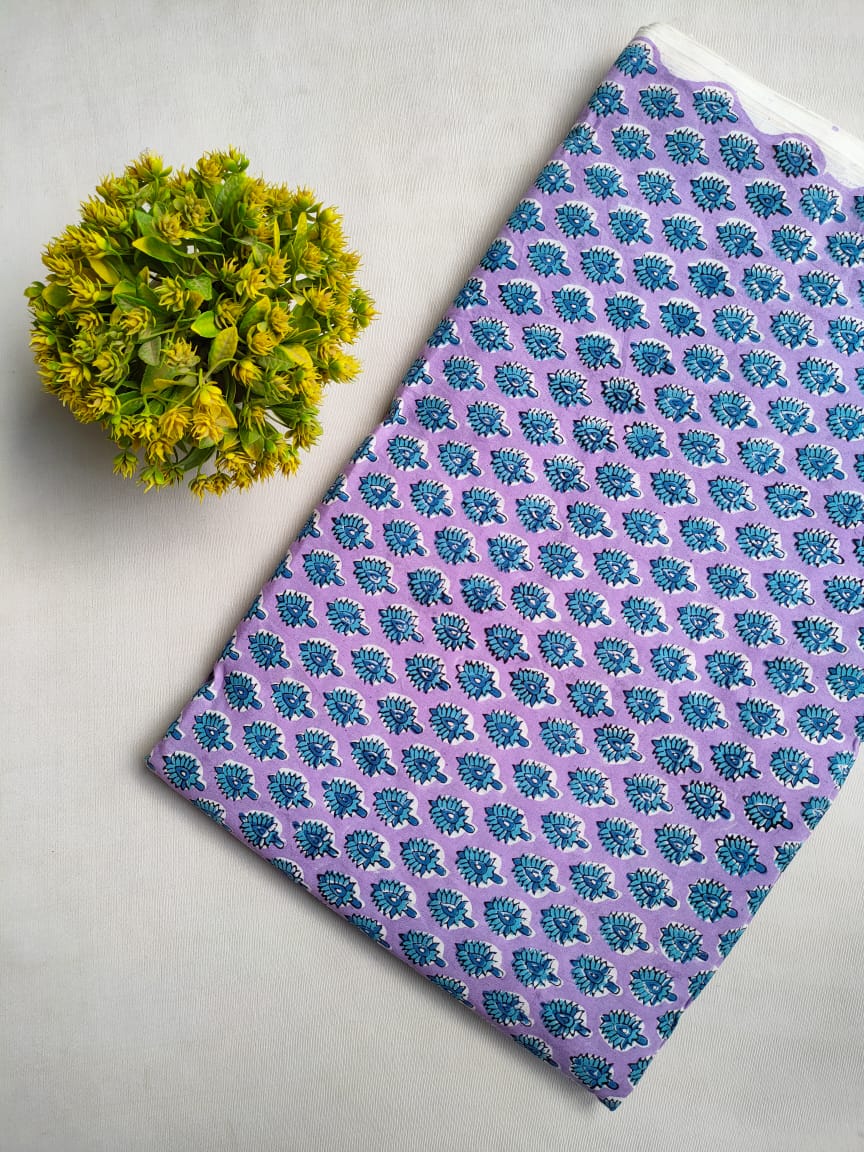 Lavender Floral Sanganeri Hand Block Print Cotton Fabric From Tulsi Prints