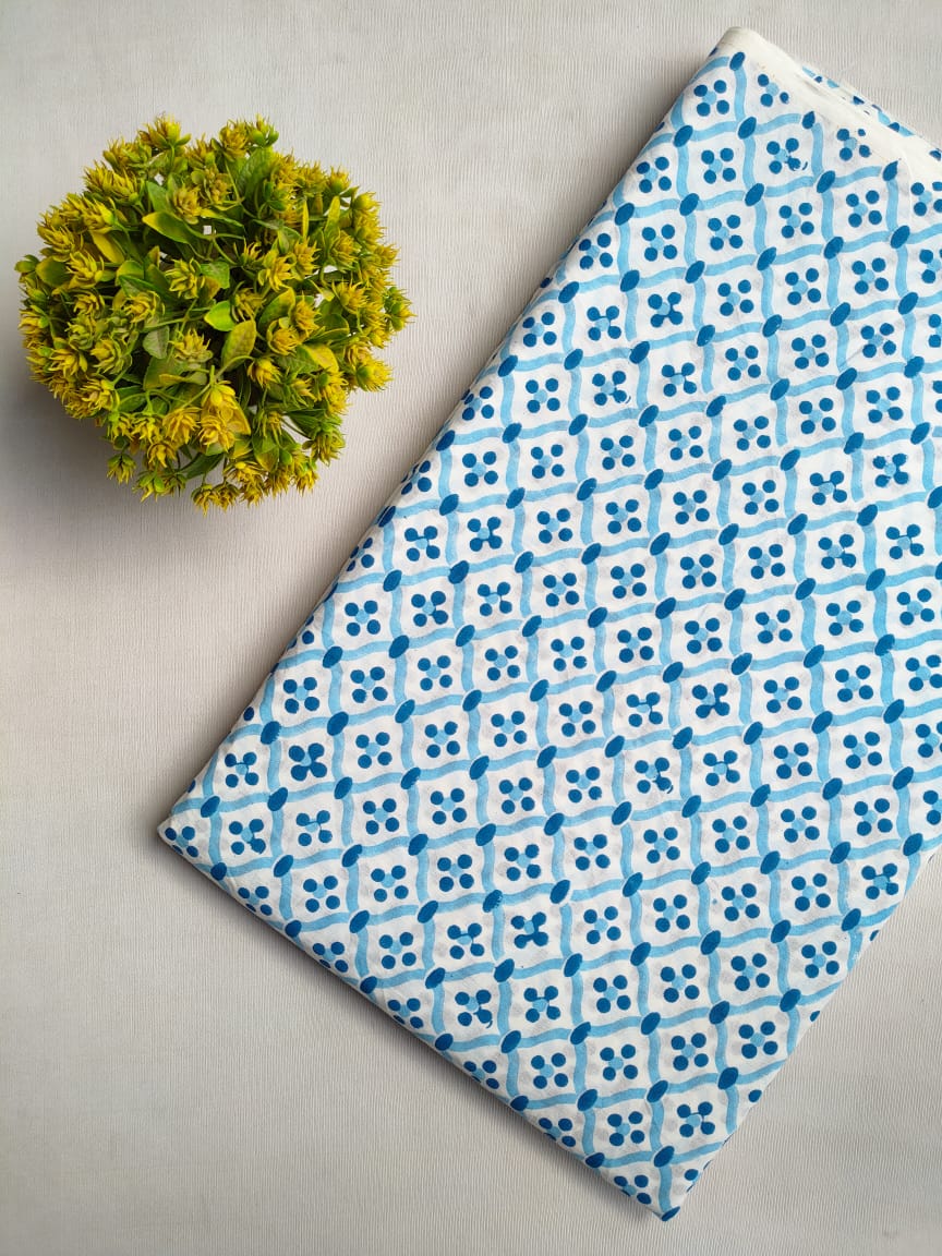 White and Blue Geometric Jaipuri Block Print Pure Cotton Fabric From Tulsi Prints