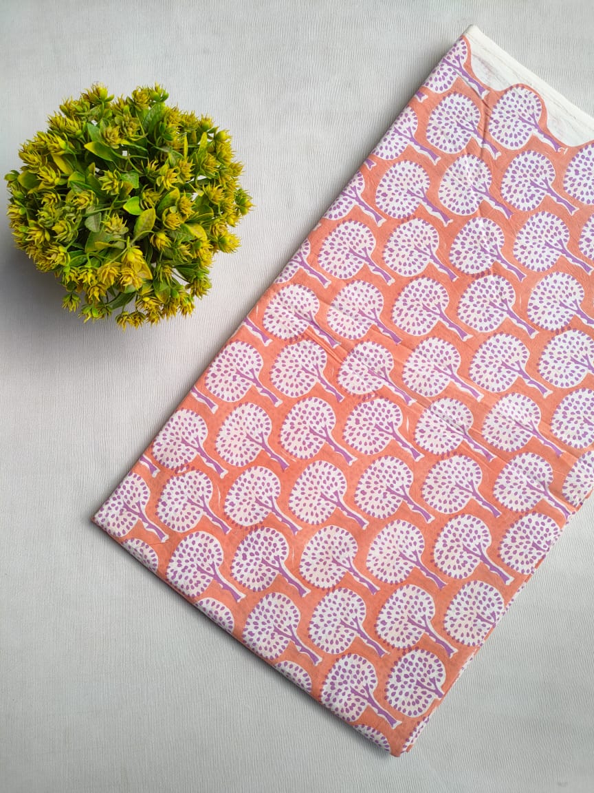 Peach and White Floral Sanganeri Block Print Cotton Fabric From Tulsi Prints