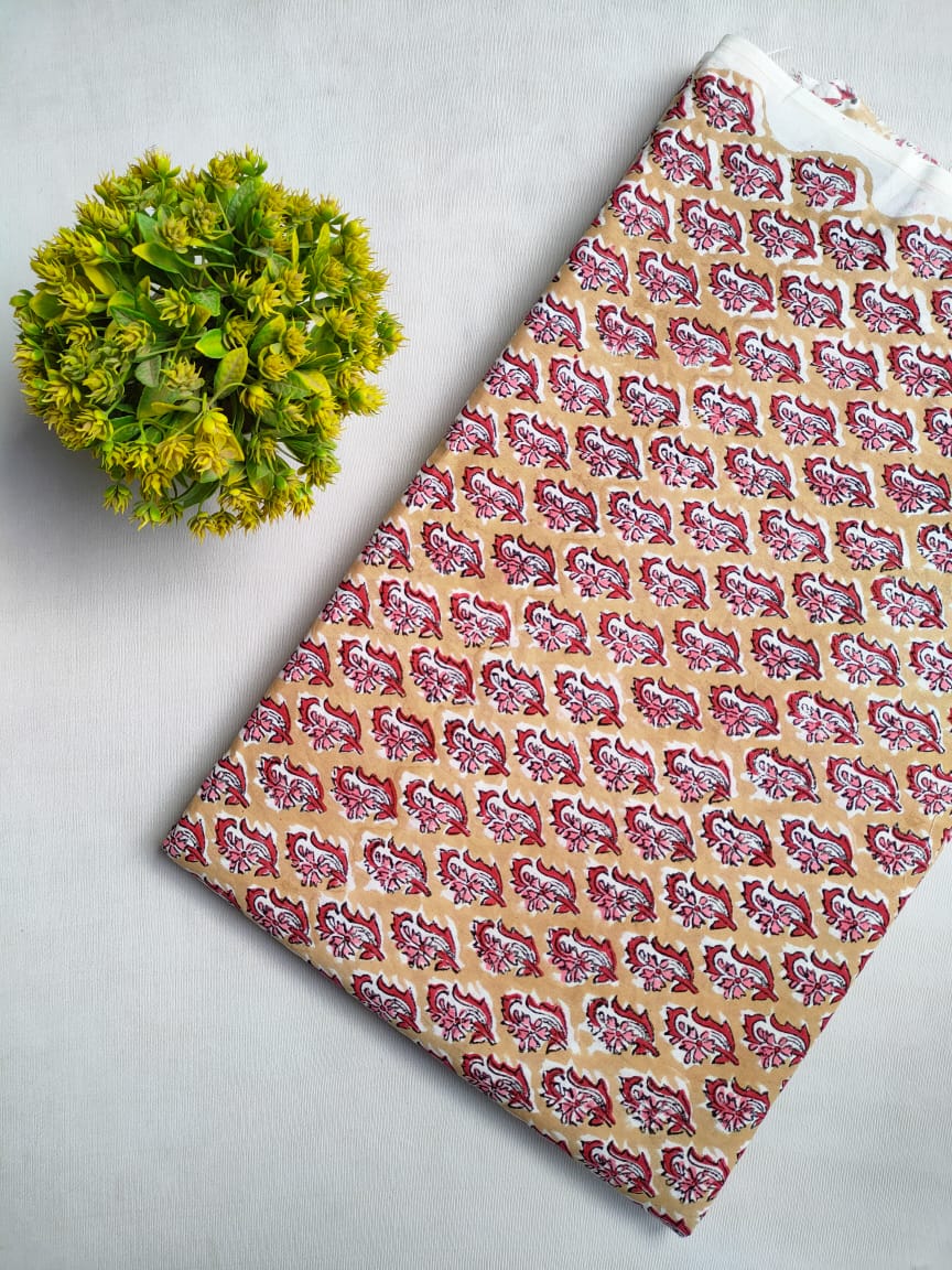 Beige Red Paisley Sanganeri Block Print Cotton Fabric From Tulsi Prints