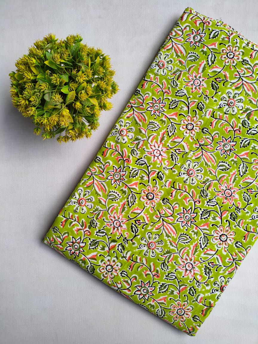 Green Floral Sanganeri Hand Block Print Cotton Fabric From Tulsi Prints