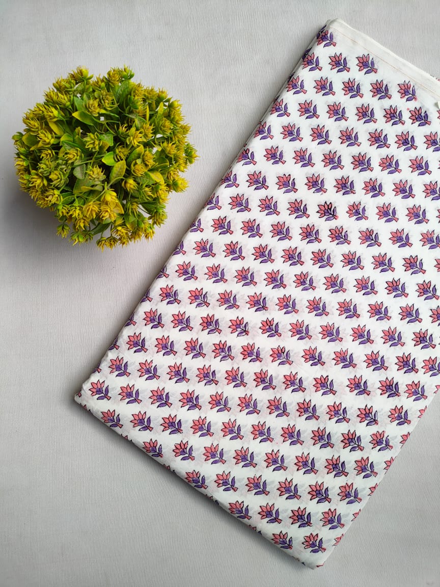 White Floral Sanganeri Hand Block Print Cotton Fabric From Tulsi Prints