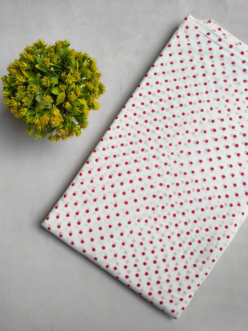 White Polka Dot Sanganeri Block Print Pure Cotton Fabric From Tulsi Prints