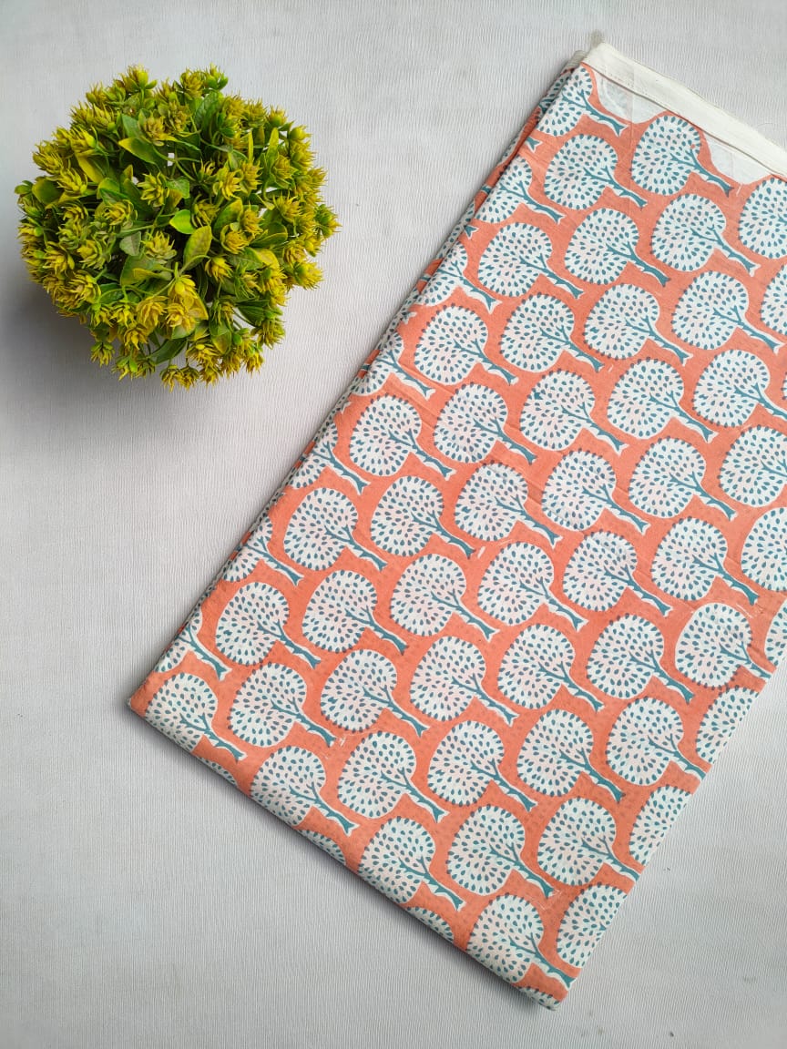 Coral Blue Leaf Sanganeri Block Print Pure Cotton Fabric From Tulsi Prints