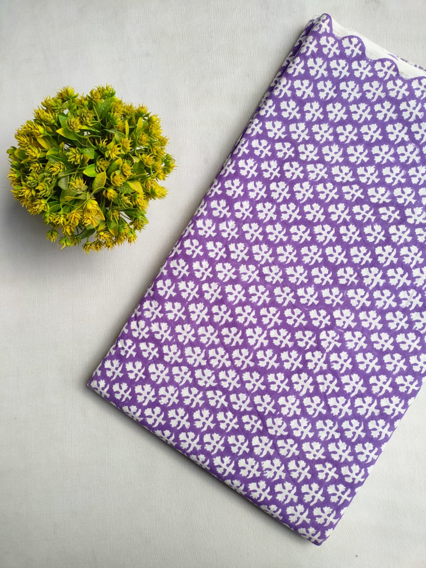 Purple Floral Sanganeri Block Print Pure Cotton Fabric From Tulsi Prints