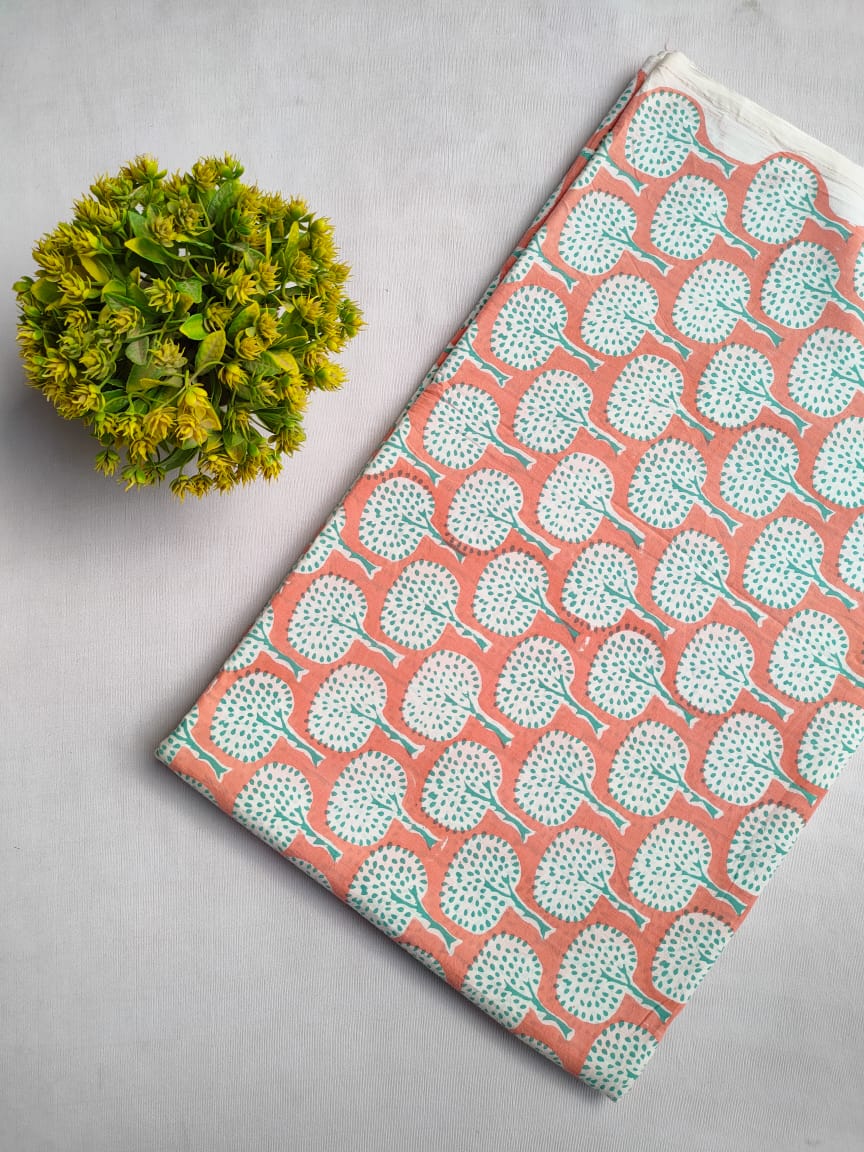 Coral Tree Motif Sanganeri Block Print Pure Cotton Fabric From Tulsi Prints