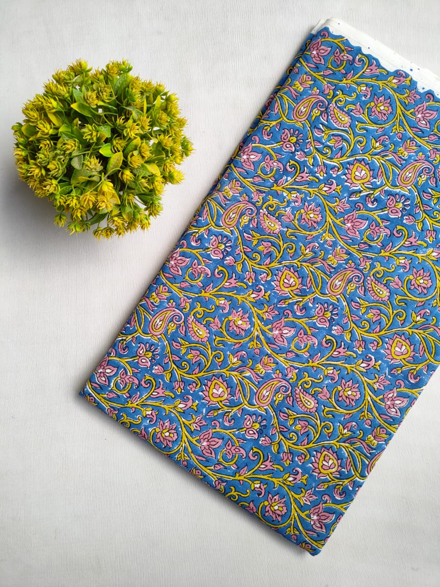 Blue Floral Sanganeri Hand Block Print Cotton Fabric From Tulsi Prints