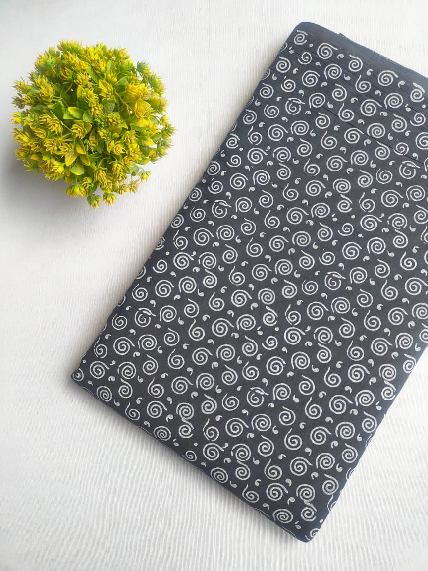 Black Swirl Jaipuri Hand Block Print Cotton Fabric From Tulsi Prints