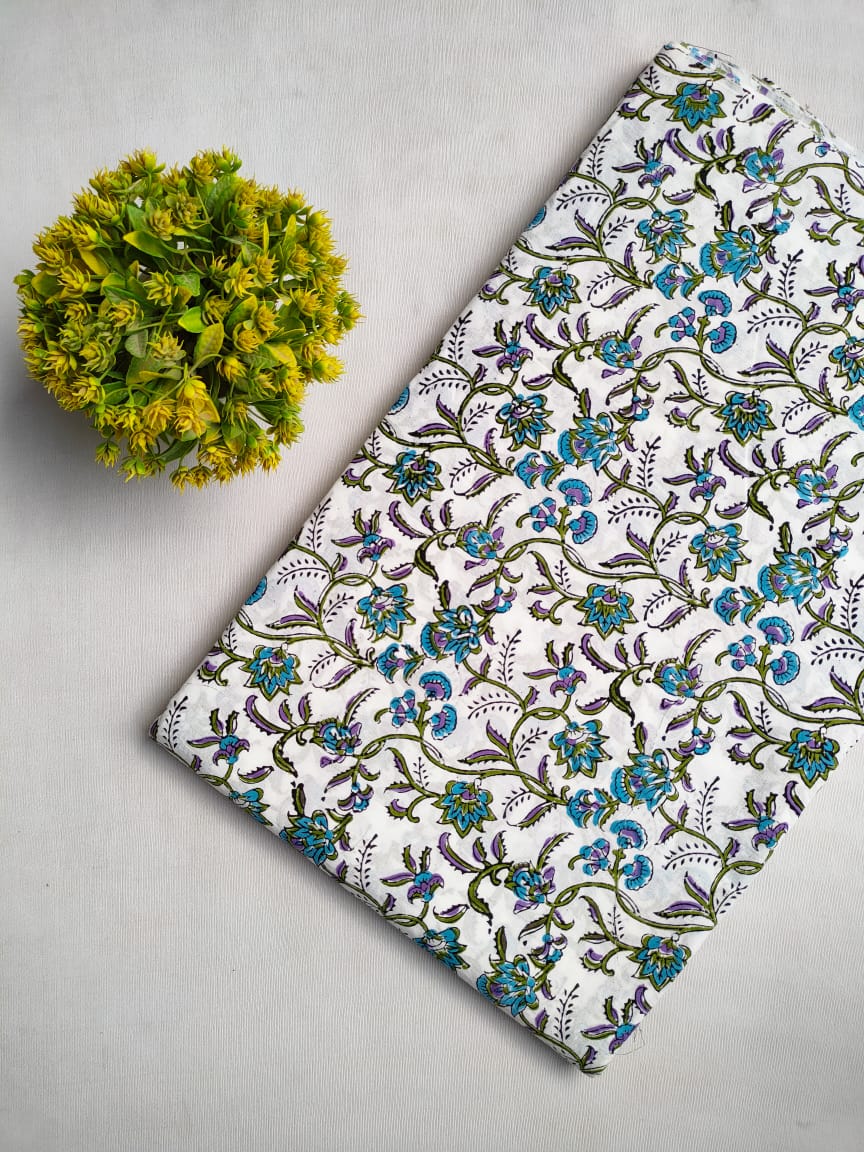 White Floral Sanganeri Hand Block Print Cotton Fabric From Tulsi Prints