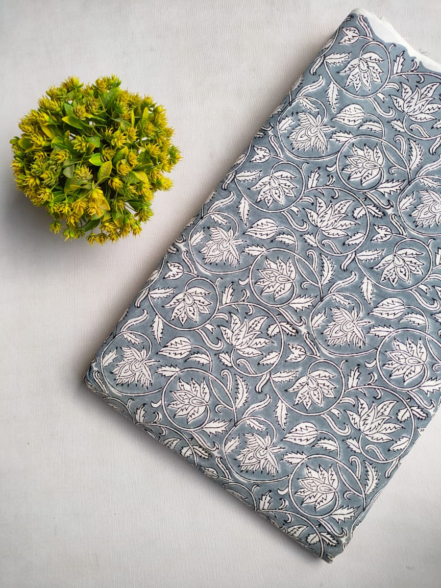 Grey Floral Sanganeri Hand Block Print Cotton Fabric From Tulsi Prints