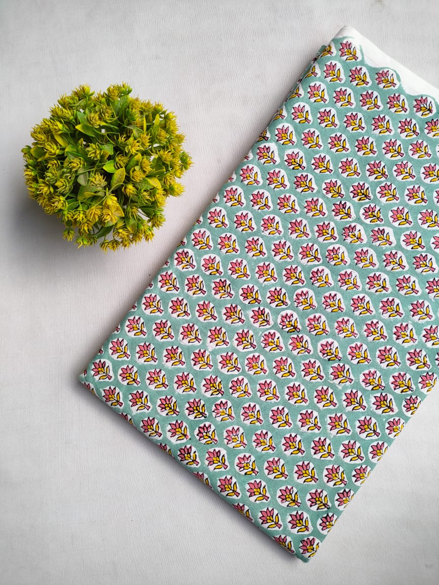 Turquoise Floral Sanganeri Hand Block Print Cotton Fabric From Tulsi Prints