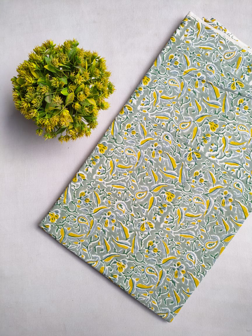 Green Floral Sanganeri Block Print Pure Cotton Fabric From Tulsi Prints