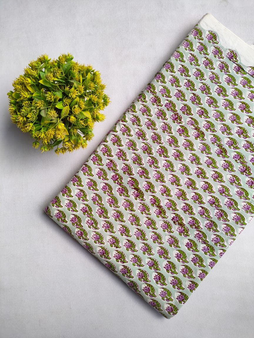 White Floral Sanganeri Hand Block Print Cotton Fabric From Tulsi Prints