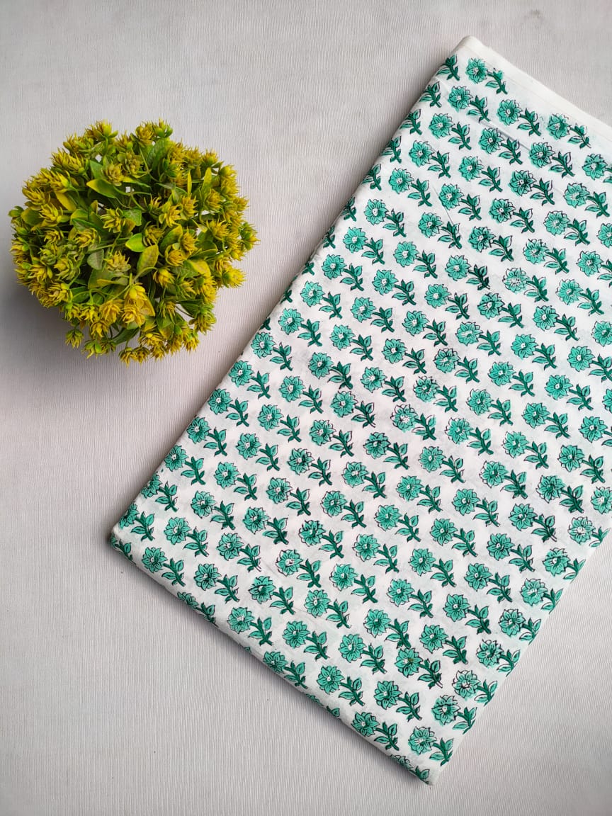 Turquoise Floral Sanganeri Block Print Cotton Fabric From Tulsi Prints