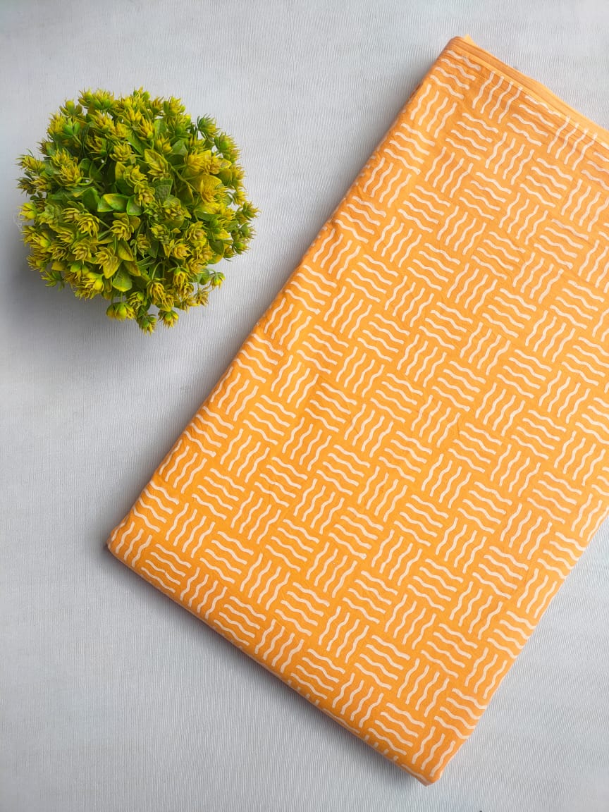 Orange Geometric Jaipuri Block Print Pure Cotton Fabric From Tulsi Prints