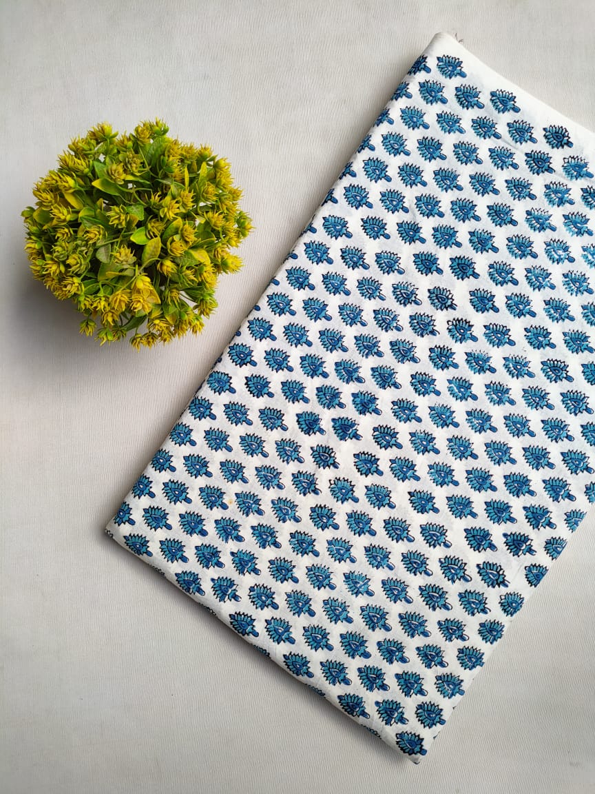 White Floral Sanganeri Block Print Cotton Fabric From Tulsi Prints