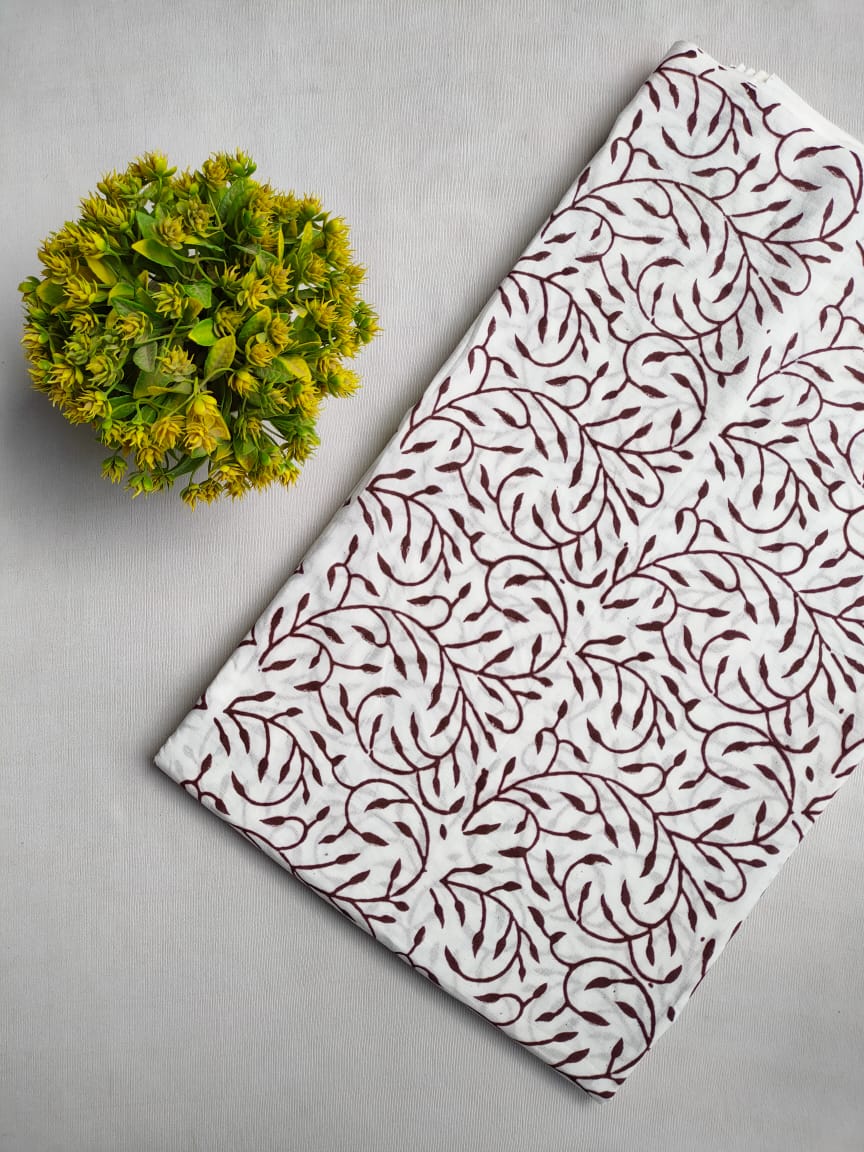 White Floral Vine Sanganeri Block Print Pure Cotton Fabric From Tulsi Prints