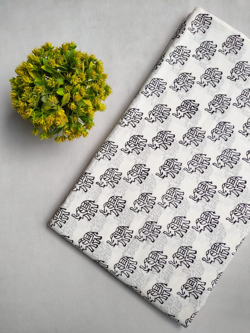 White Elephant Jaipuri Block Print Pure Cotton Fabric From Tulsi Prints