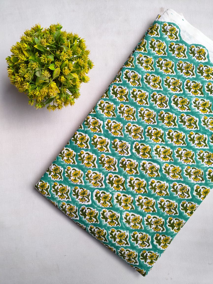 Turquoise Floral Sanganeri Block Print Pure Cotton Fabric From Tulsi Prints
