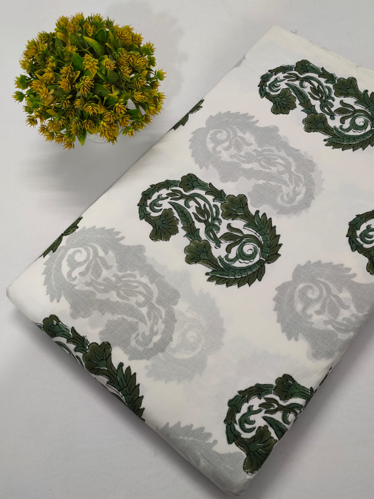 White Paisley Sanganeri Block Print Pure Cotton Fabric From Tulsi Prints