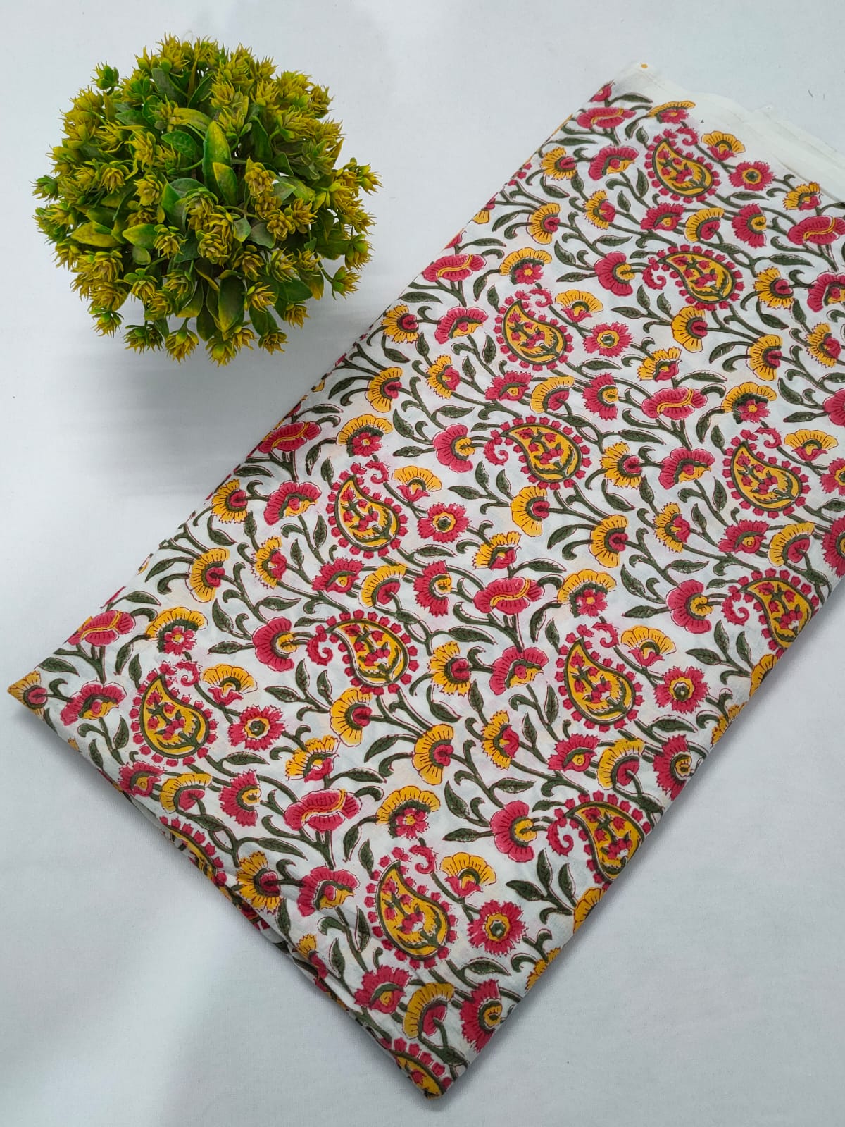 White Floral Sanganeri Hand Block Print Cotton Fabric From Tulsi Prints