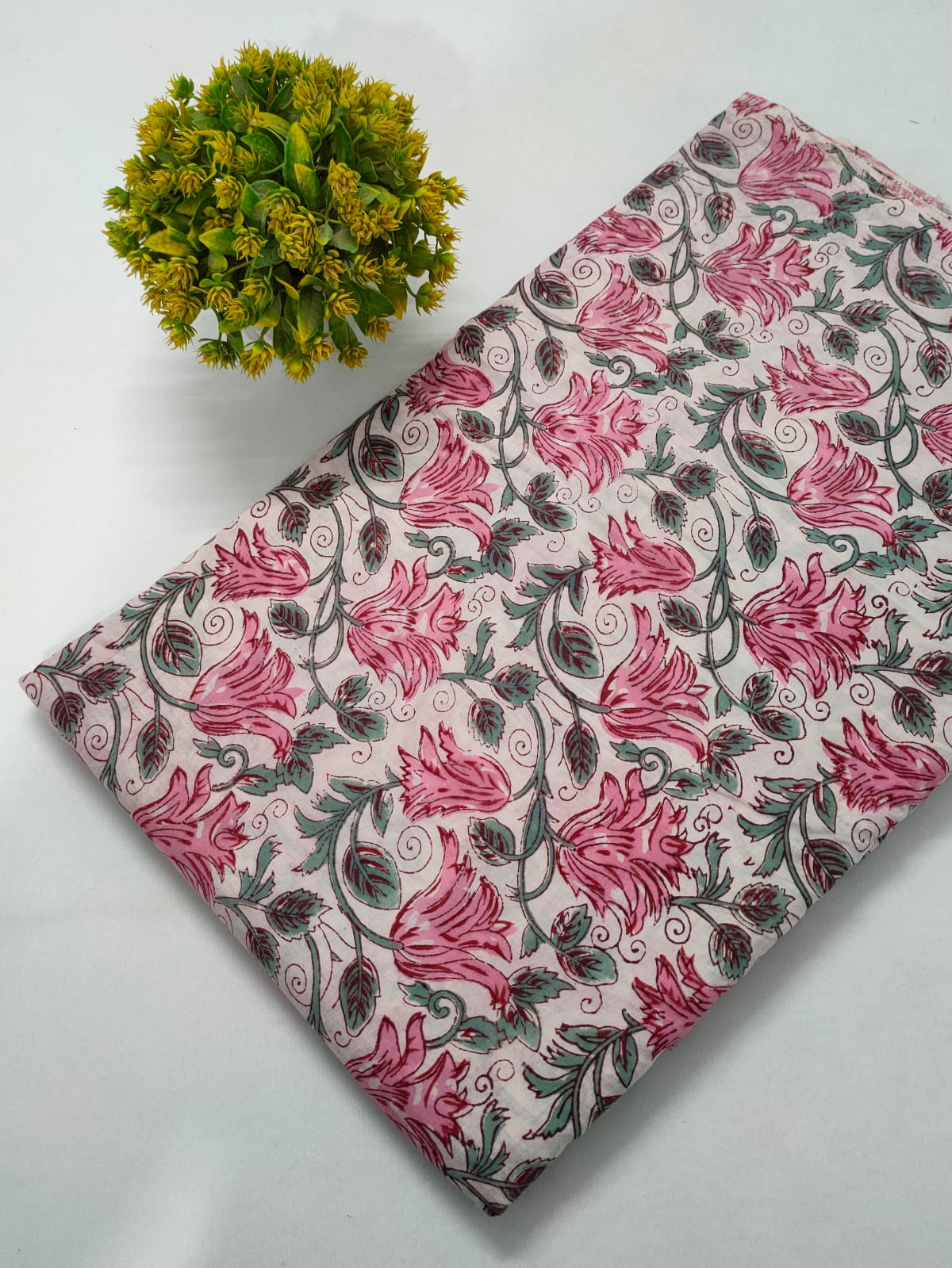 Pink Floral Sanganeri Hand Block Print Cotton Fabric From Tulsi Prints