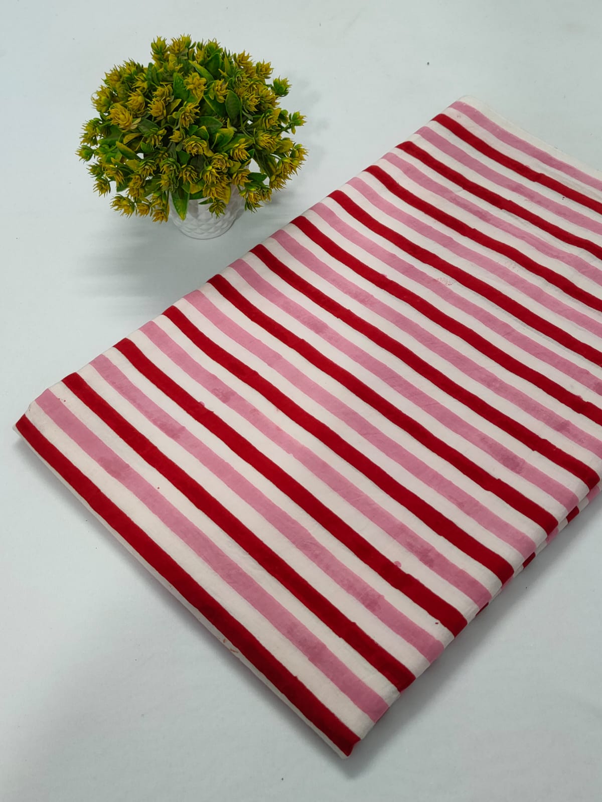 Red and Pink Striped Jaipuri Block Print Pure Cotton Fabric From Tulsi Prints