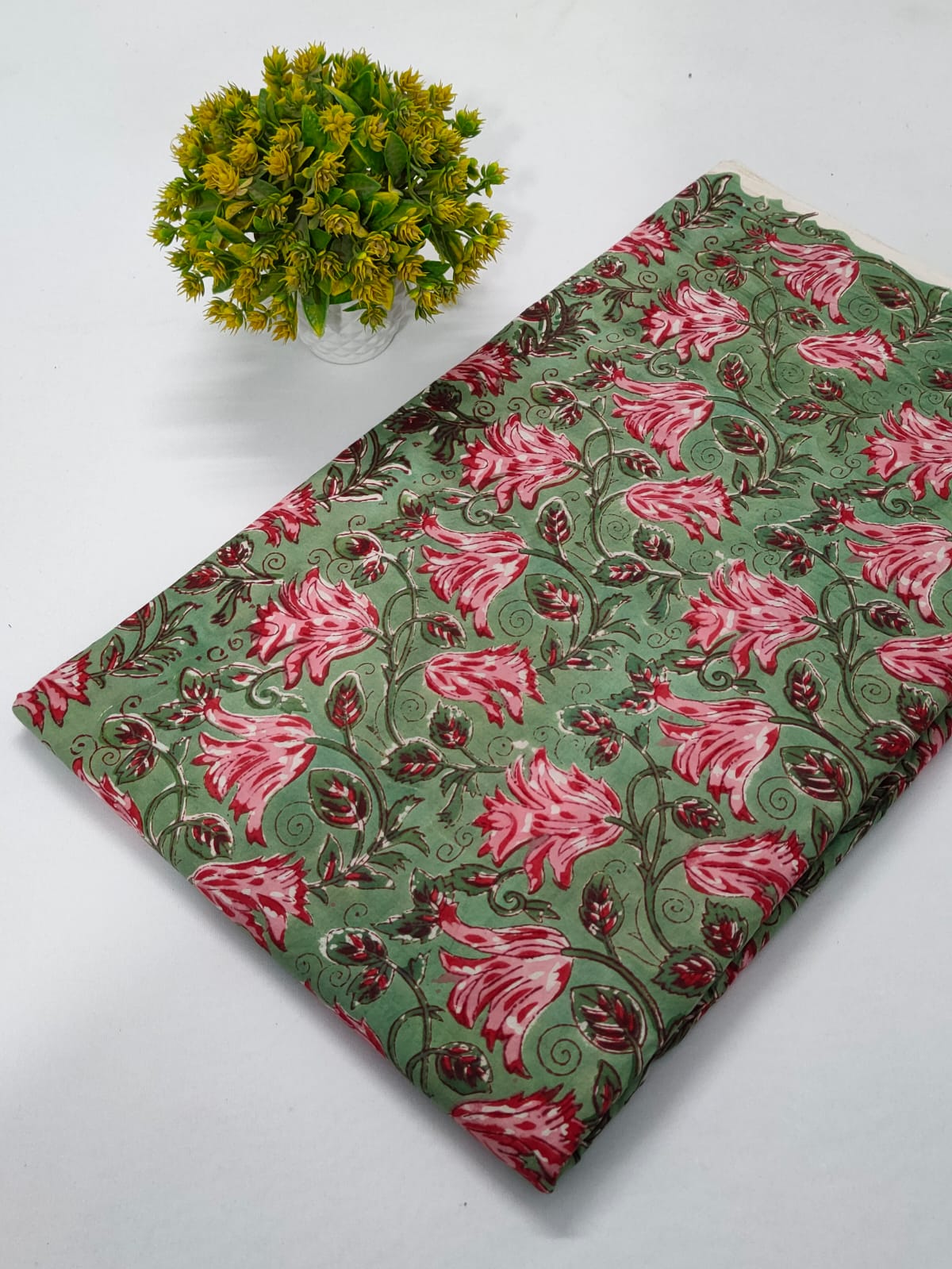 Green Floral Sanganeri Hand Block Print Cotton Fabric From Tulsi Prints