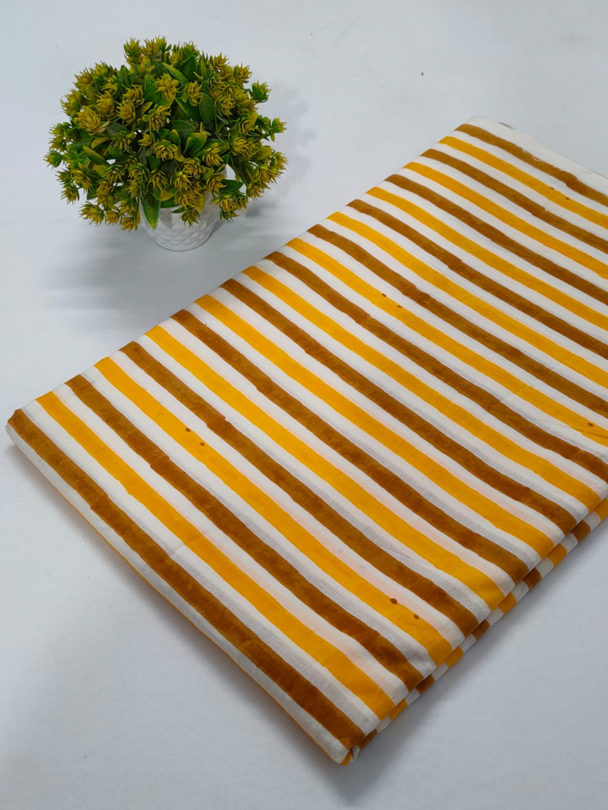 Yellow and White Striped Jaipuri Block Print Pure Cotton Fabric From Tulsi Prints