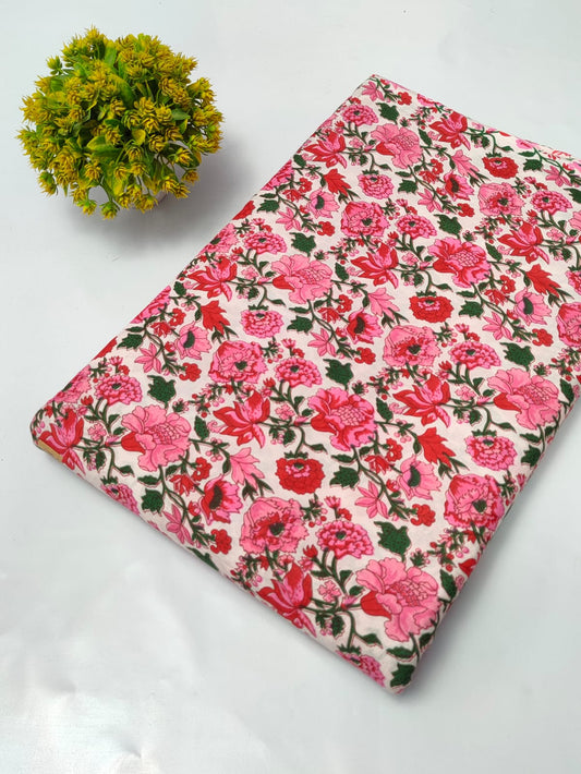 Pink Floral Sanganeri Block Print Pure Cotton Fabric