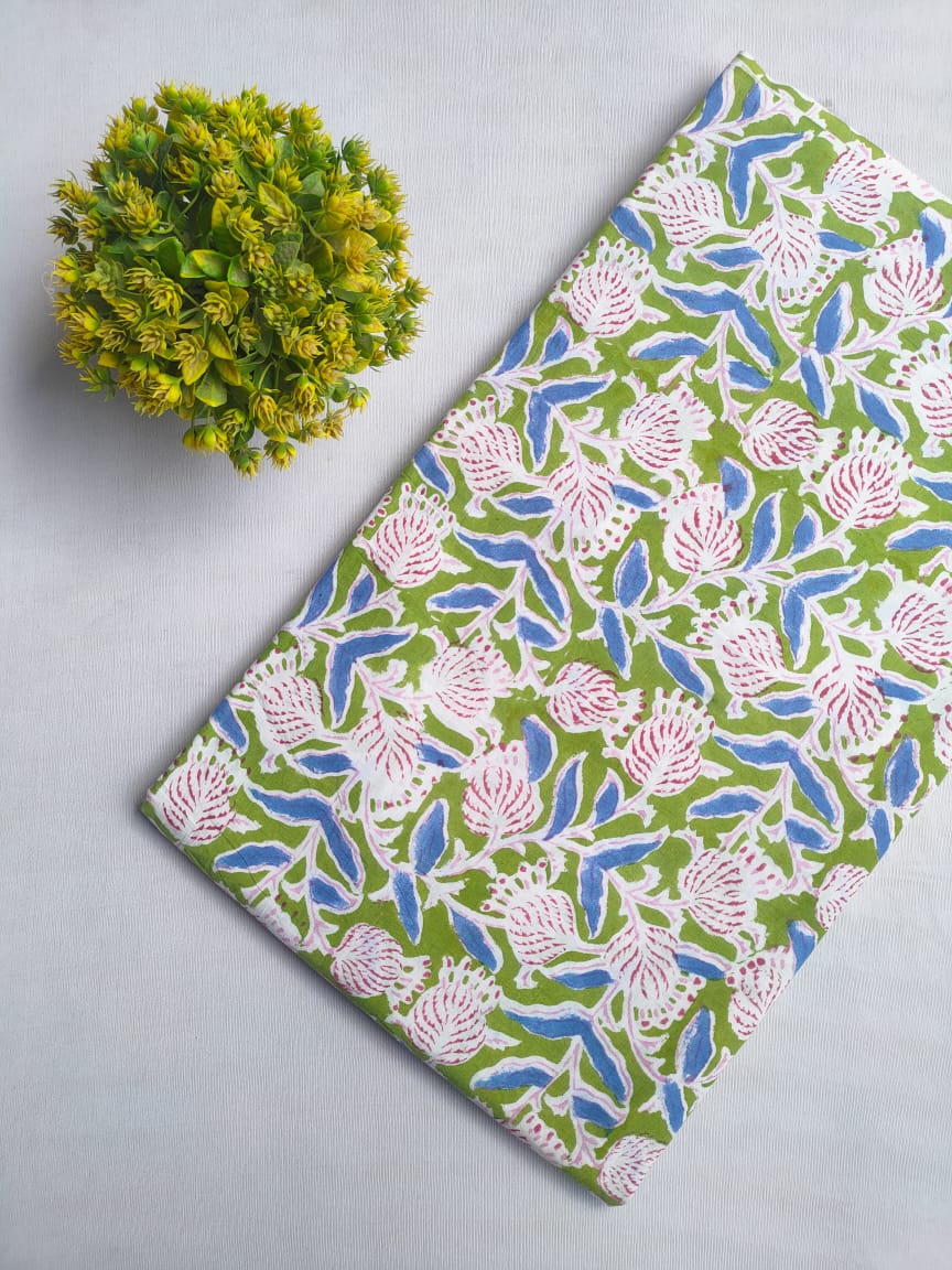 Green Floral Hand Block Print Pure Cotton Fabric From Tulsi Prints