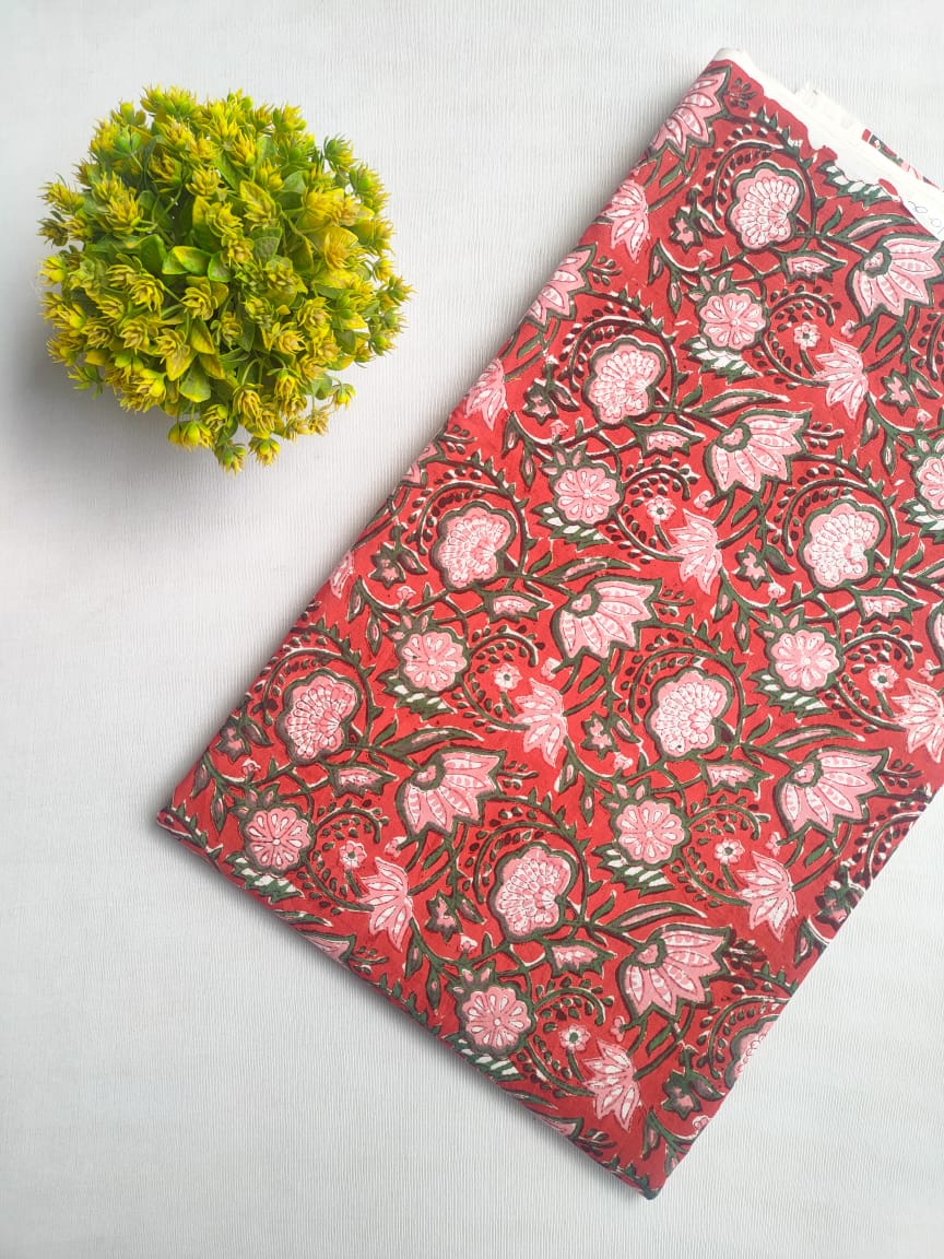 Red Floral Sanganeri Hand Block Print Cotton Fabric From Tulsi Prints
