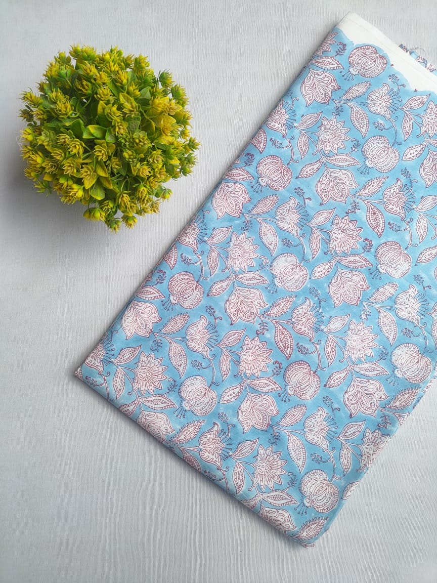 Sky Blue Floral Sanganeri Print Cotton Fabric From Tulsi Prints