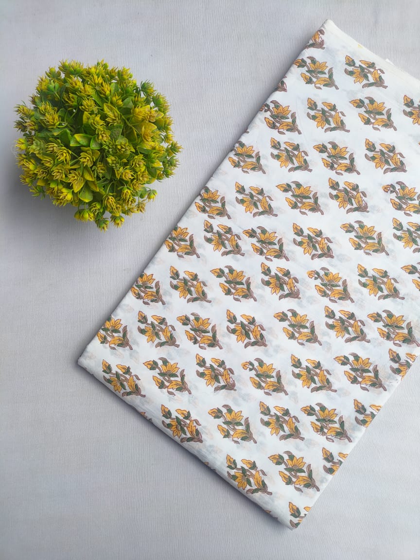 White Floral Sanganeri Hand Block Print Cotton Fabric From Tulsi Prints