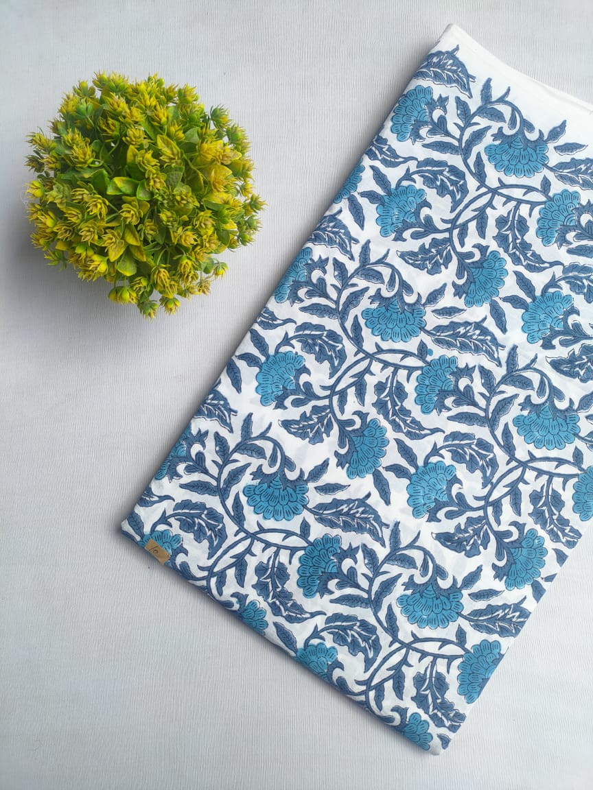 Blue Floral Sanganeri Block Print Cotton Fabric From Tulsi Prints