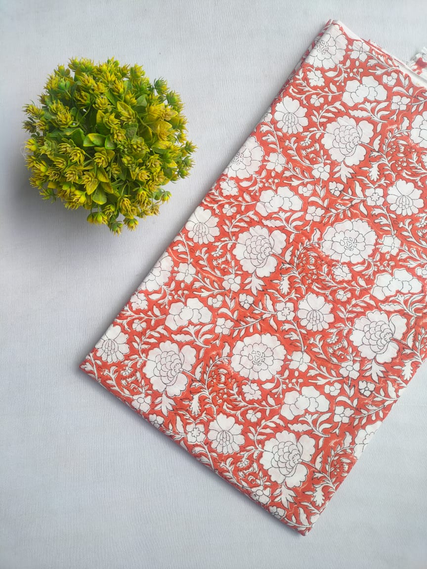Coral Floral Sanganeri Hand Block Print Cotton Fabric From Tulsi Prints