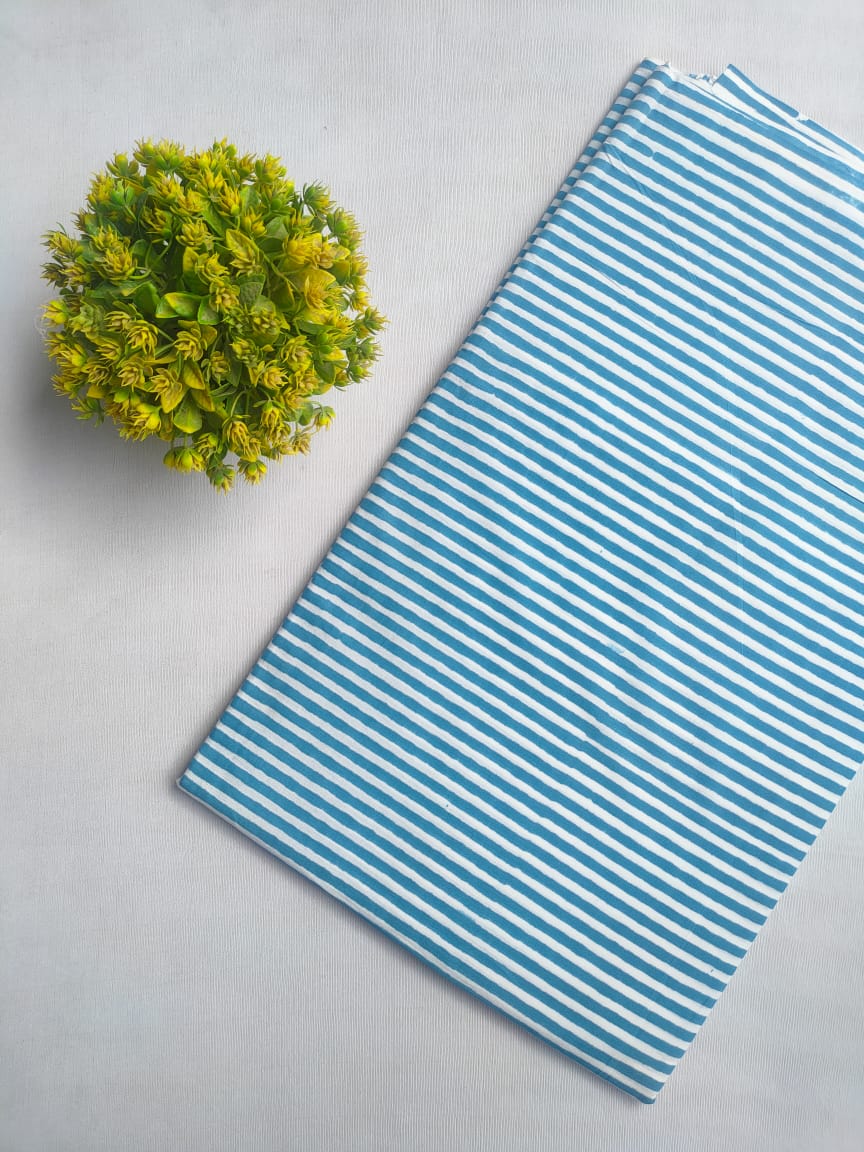 Blue Striped Jaipuri Block Print Cotton Fabric From Tulsi Prints