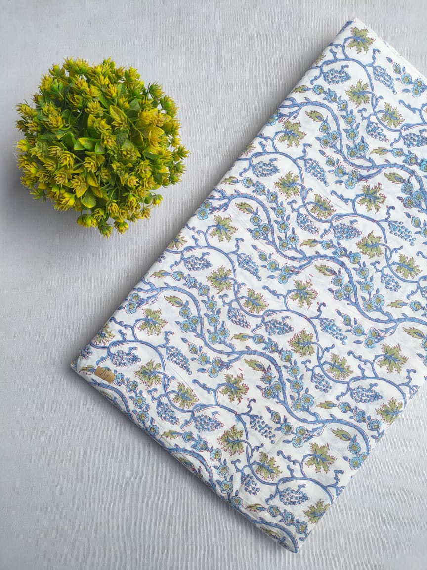 White Blue Floral Vine Sanganeri Block Print Cotton Fabric From Tulsi Prints