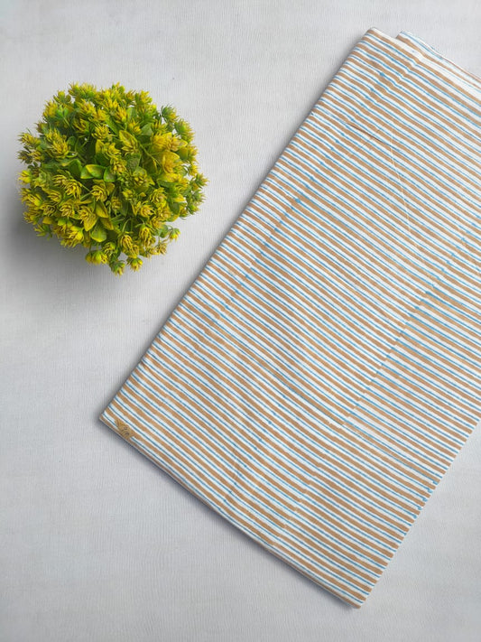 Beige and Light Blue Striped Sanganeri Block Print Cotton Fabric From Tulsi Prints