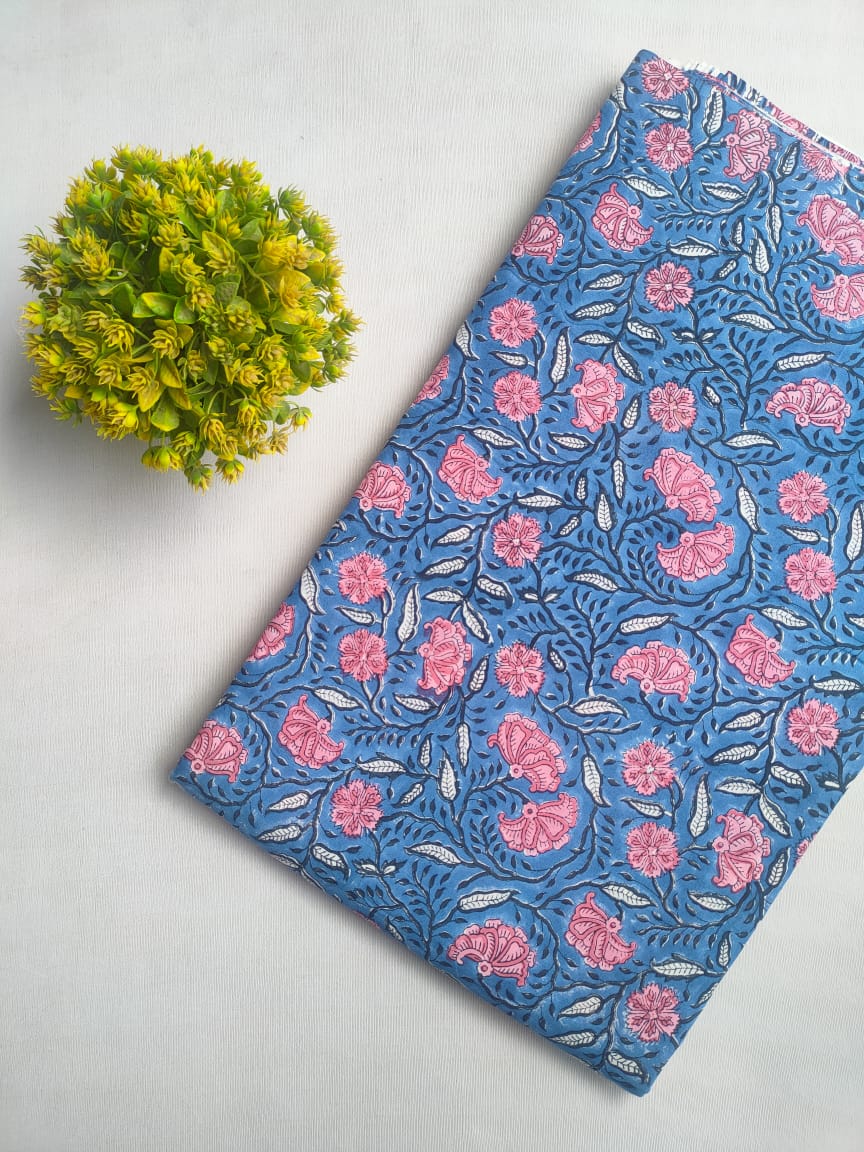 Blue Floral Elephant Sanganeri Hand Block Print Cotton Fabric From Tulsi Prints
