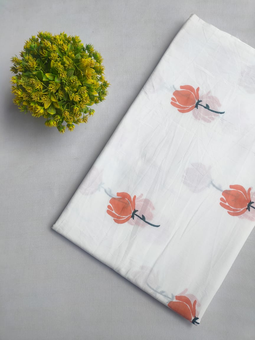 White Floral Sanganeri Hand Block Print Cotton Fabric From Tulsi Prints