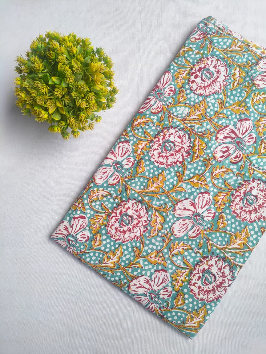 Turquoise Floral Sanganeri Hand Block Print Cotton Fabric From Tulsi Prints
