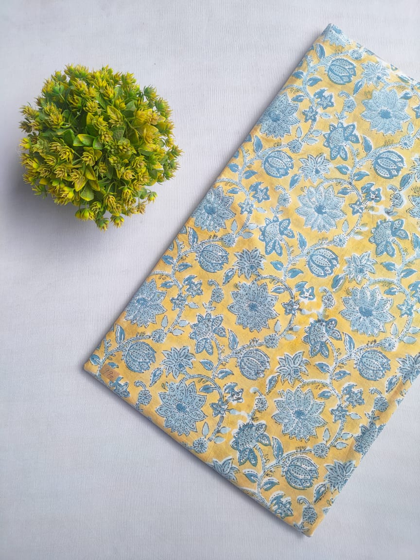 Yellow Floral Sanganeri Hand Block Print Cotton Fabric From Tulsi Prints
