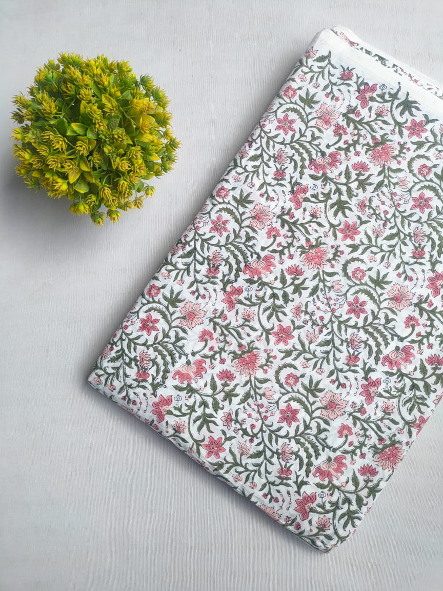 White Floral Sanganeri Hand Block Print Cotton Fabric From Tulsi Prints