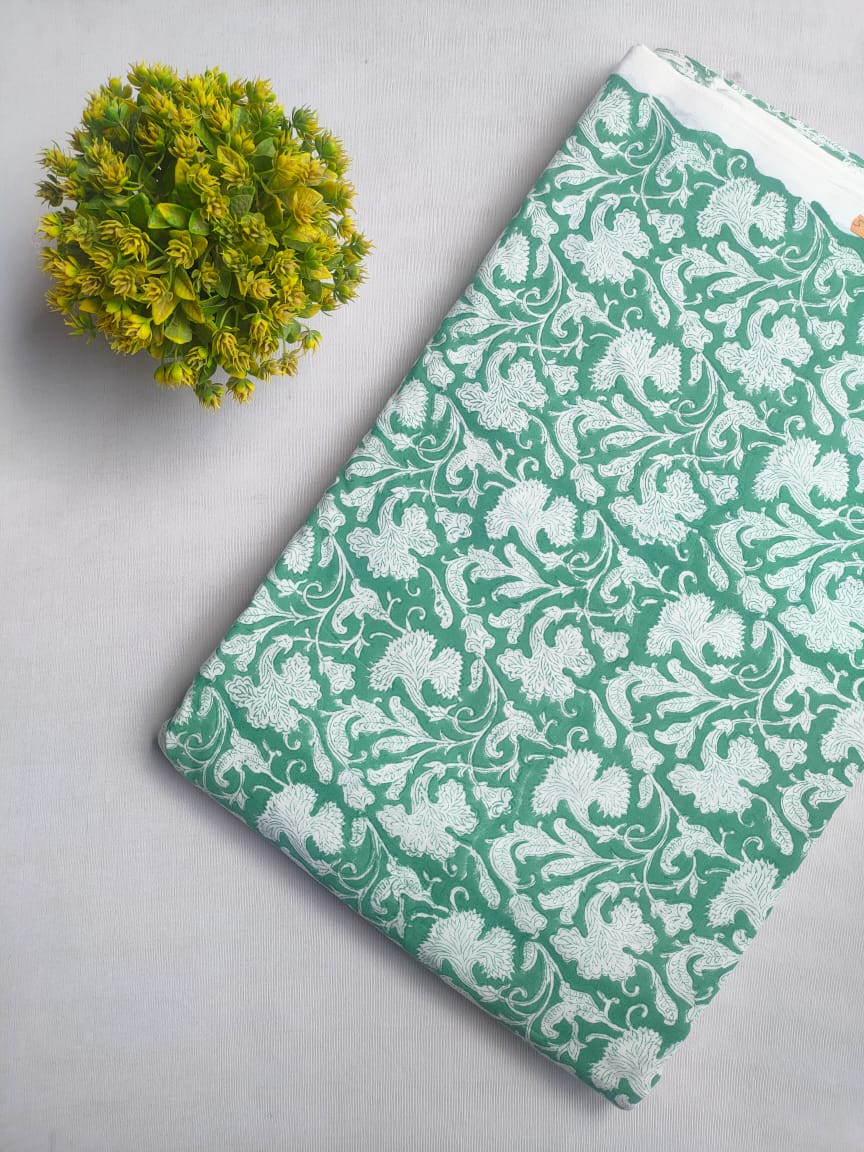 Green Floral Sanganeri Hand Block Print Cotton Fabric From Tulsi Prints