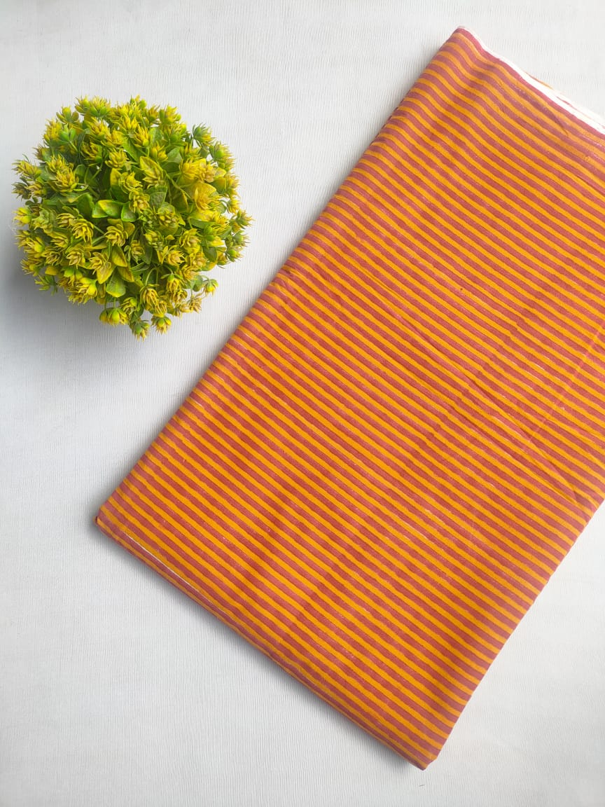 Orange Yellow Striped Jaipuri Block Print Cotton Fabric From Tulsi Prints