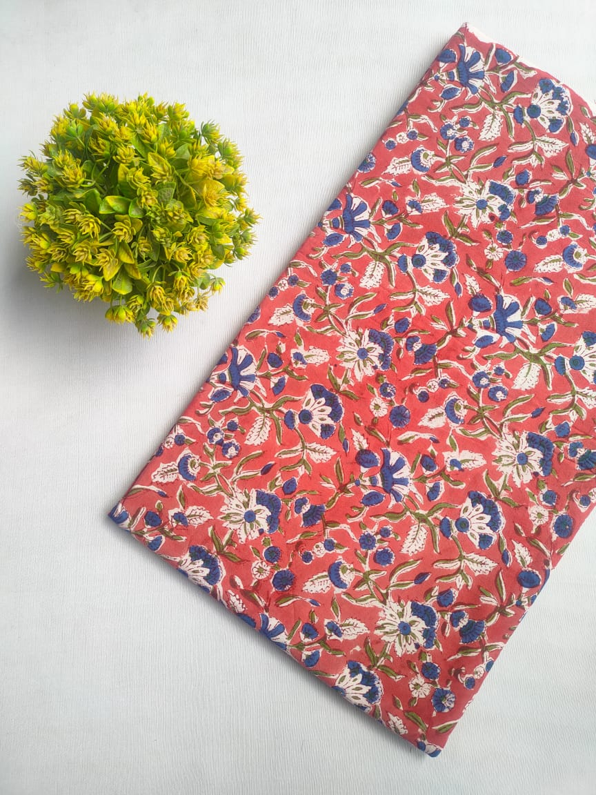 Coral Floral Sanganeri Block Print Pure Cotton Fabric From Tulsi Prints