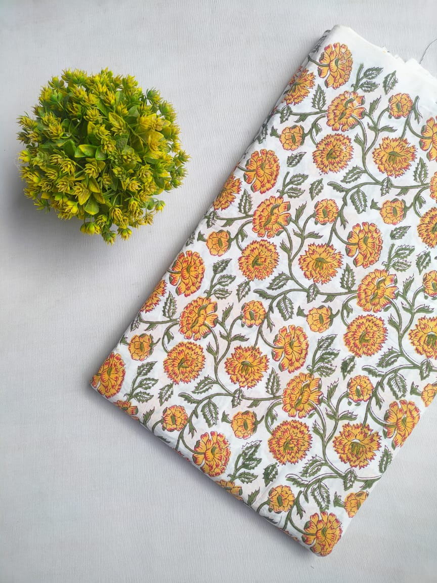 White Floral Sanganeri Hand Block Print Cotton Fabric From Tulsi Prints