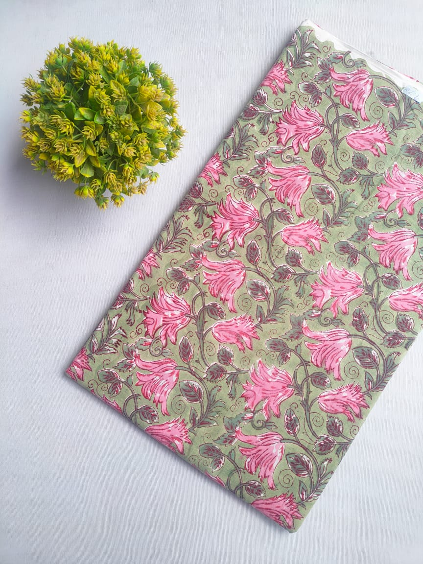 Pink Floral Sanganeri Hand Block Print Cotton Fabric From Tulsi Prints
