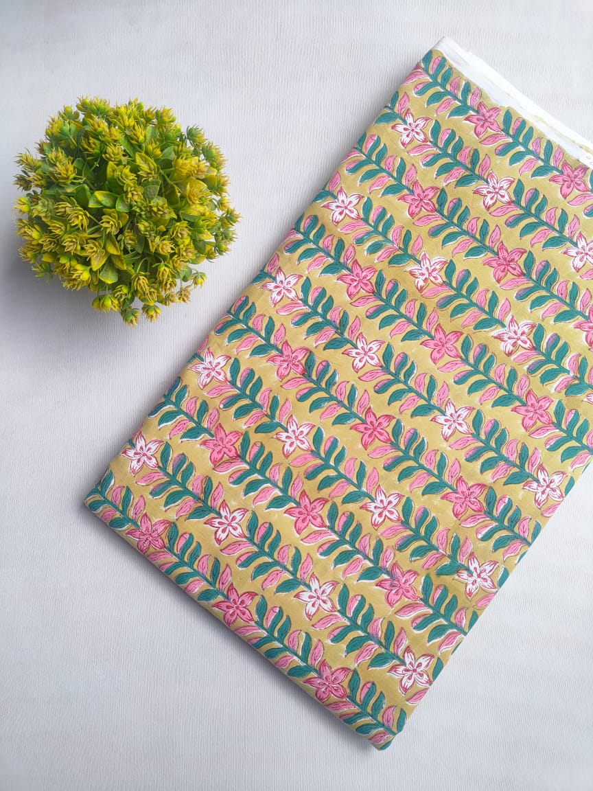 Yellow Floral Sanganeri Hand Block Print Cotton Fabric From Tulsi Prints